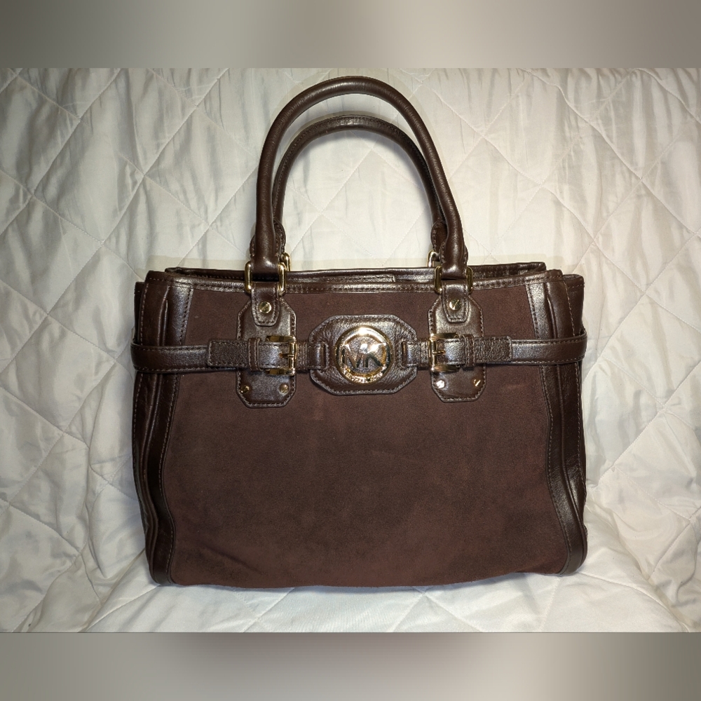 Michael Kors Large Hudson Top Zip Satchel In Coffee Suede & Leather